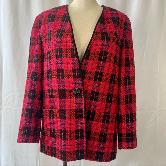 Jackets & Blazers - Vintage Plaid Tweed Blazer - Pink, Red and Black